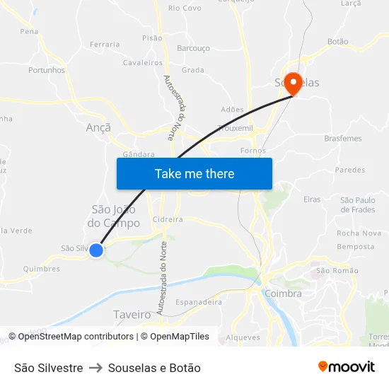 São Silvestre to Souselas e Botão map