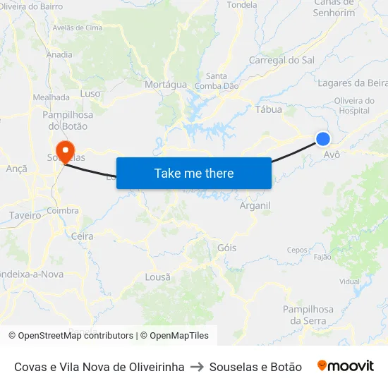 Covas e Vila Nova de Oliveirinha to Souselas e Botão map
