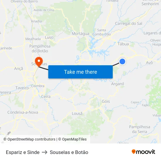 Espariz e Sinde to Souselas e Botão map
