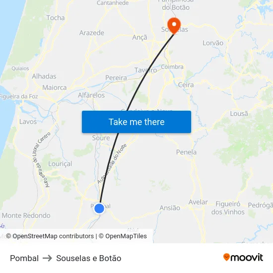 Pombal to Souselas e Botão map