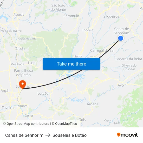 Canas de Senhorim to Souselas e Botão map