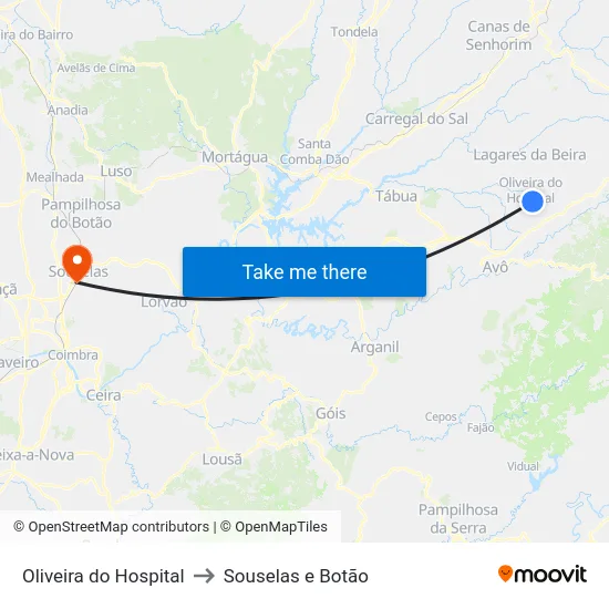 Oliveira do Hospital to Souselas e Botão map