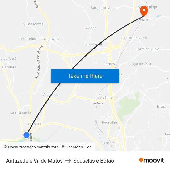 Antuzede e Vil de Matos to Souselas e Botão map