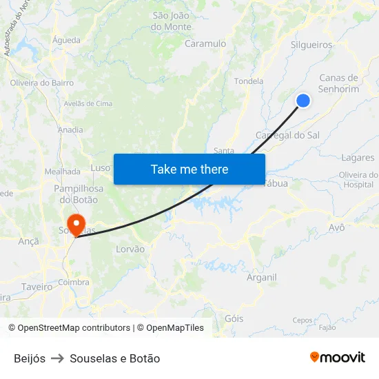 Beijós to Souselas e Botão map