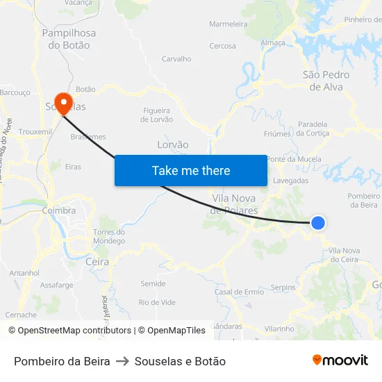 Pombeiro da Beira to Souselas e Botão map