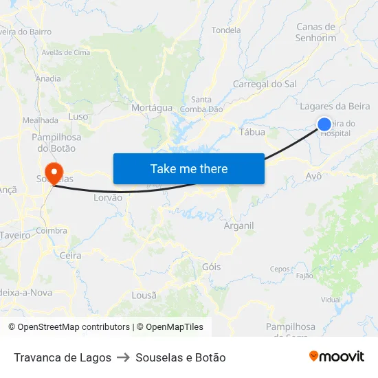 Travanca de Lagos to Souselas e Botão map