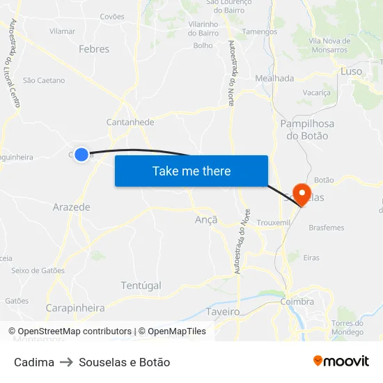 Cadima to Souselas e Botão map