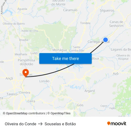 Oliveira do Conde to Souselas e Botão map