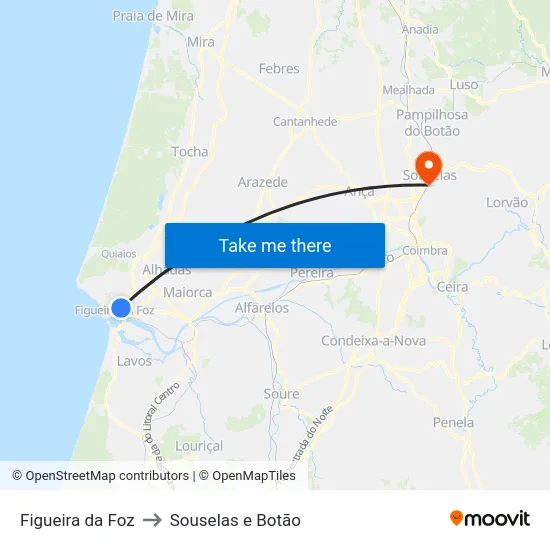 Figueira da Foz to Souselas e Botão map