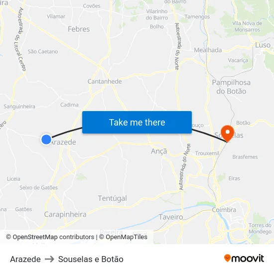Arazede to Souselas e Botão map