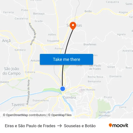 Eiras e São Paulo de Frades to Souselas e Botão map