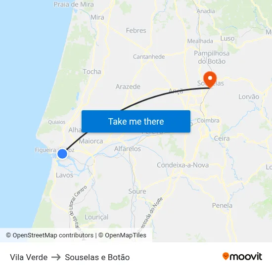 Vila Verde to Souselas e Botão map