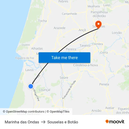 Marinha das Ondas to Souselas e Botão map