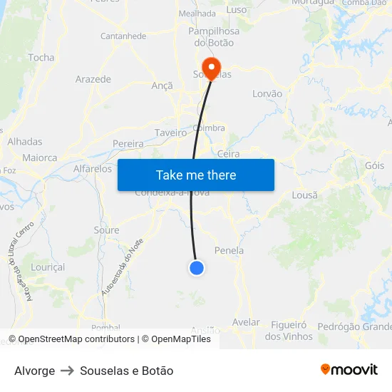 Alvorge to Souselas e Botão map