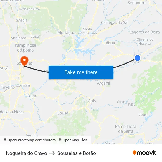 Nogueira do Cravo to Souselas e Botão map