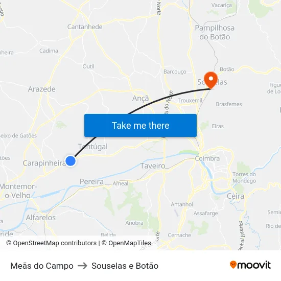Meãs do Campo to Souselas e Botão map