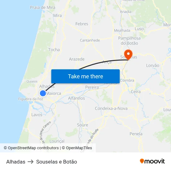 Alhadas to Souselas e Botão map