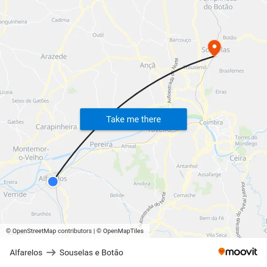 Alfarelos to Souselas e Botão map