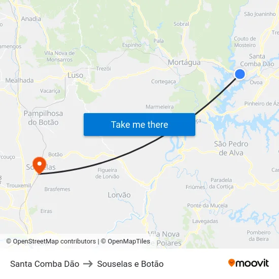 Santa Comba Dão to Souselas e Botão map