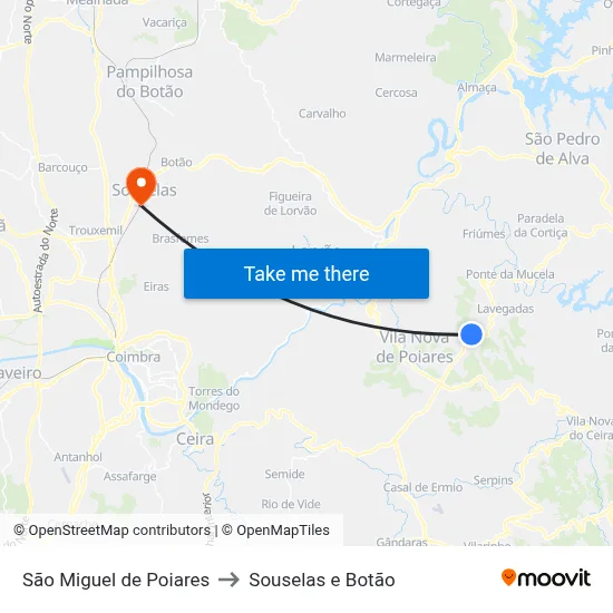 São Miguel de Poiares to Souselas e Botão map
