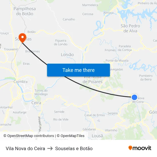 Vila Nova do Ceira to Souselas e Botão map