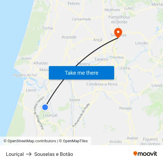 Louriçal to Souselas e Botão map