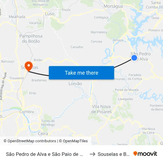 São Pedro de Alva e São Paio de Mondego to Souselas e Botão map