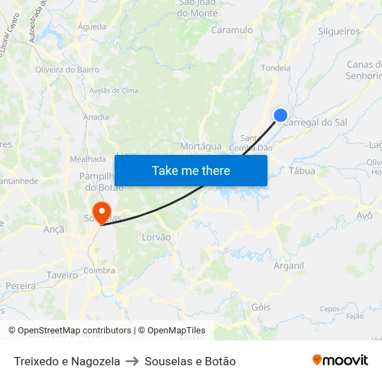 Treixedo e Nagozela to Souselas e Botão map