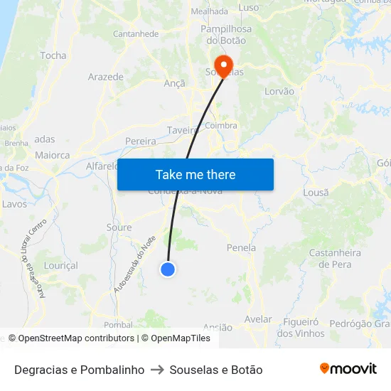 Degracias e Pombalinho to Souselas e Botão map