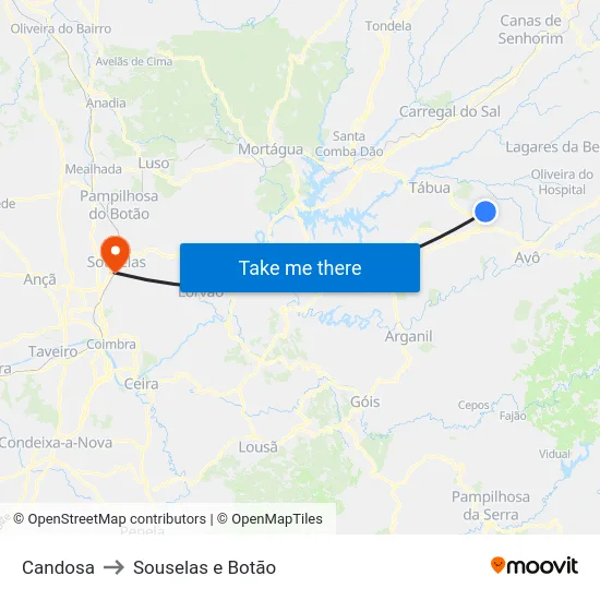 Candosa to Souselas e Botão map