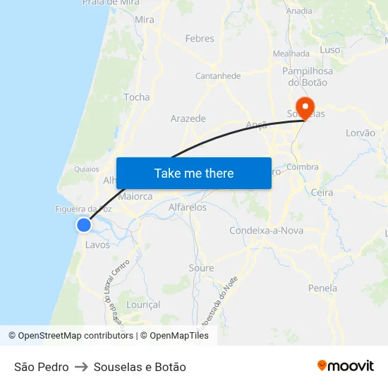 São Pedro to Souselas e Botão map