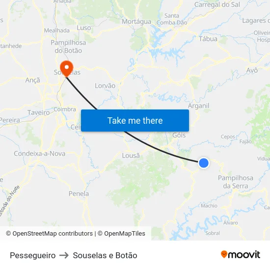 Pessegueiro to Souselas e Botão map
