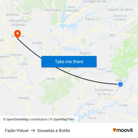 Fajão-Vidual to Souselas e Botão map