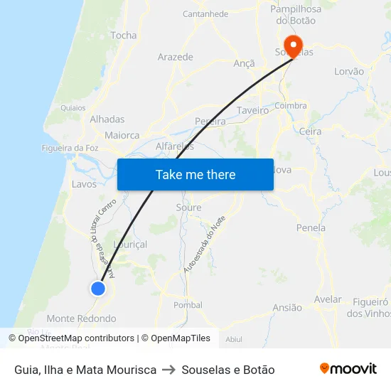 Guia, Ilha e Mata Mourisca to Souselas e Botão map
