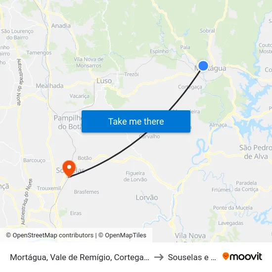 Mortágua, Vale de Remígio, Cortegaça e Almaça to Souselas e Botão map