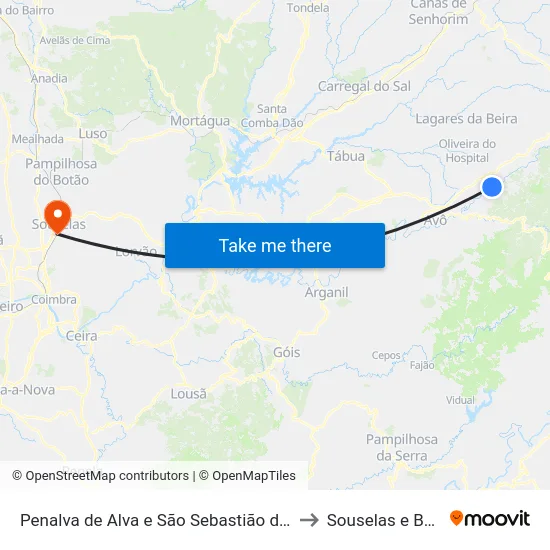 Penalva de Alva e São Sebastião da Feira to Souselas e Botão map