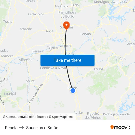 Penela to Souselas e Botão map