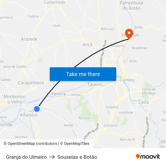 Granja do Ulmeiro to Souselas e Botão map