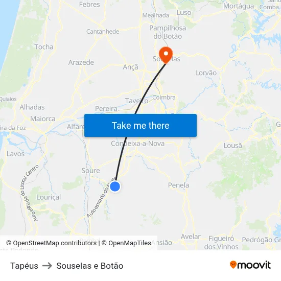 Tapéus to Souselas e Botão map