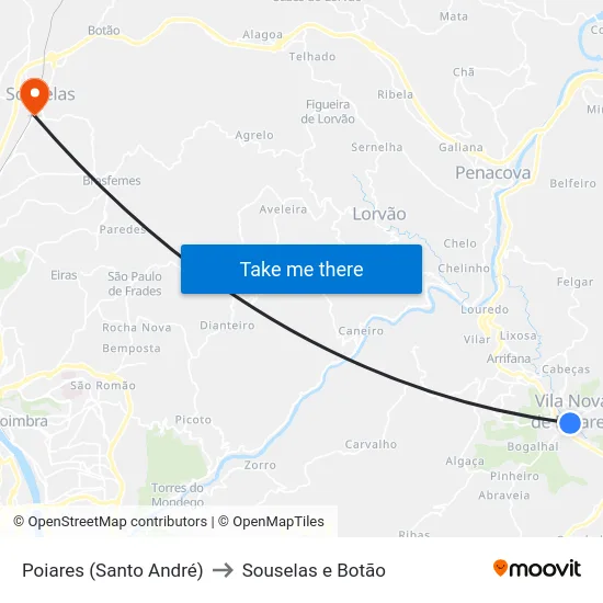 Poiares (Santo André) to Souselas e Botão map