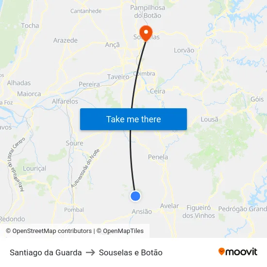 Santiago da Guarda to Souselas e Botão map