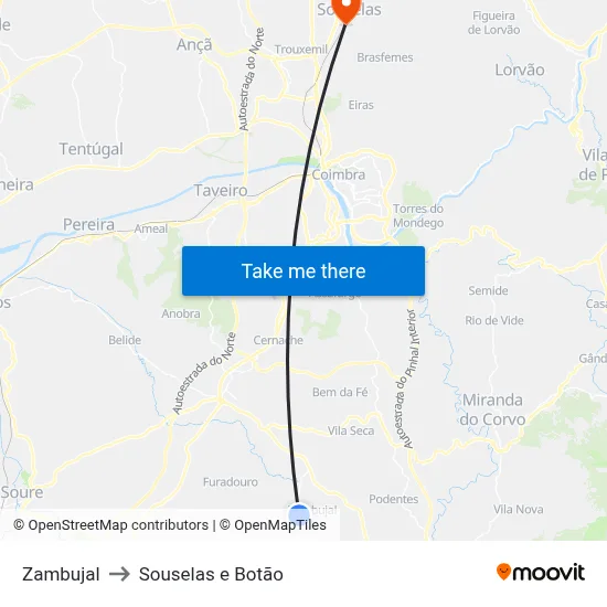 Zambujal to Souselas e Botão map