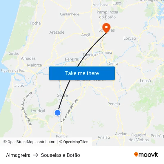 Almagreira to Souselas e Botão map