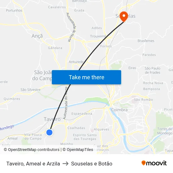 Taveiro, Ameal e Arzila to Souselas e Botão map