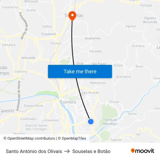 Santo António dos Olivais to Souselas e Botão map
