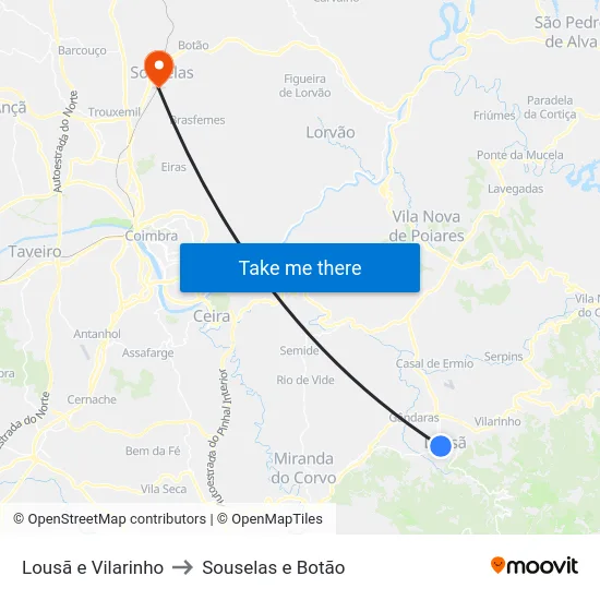 Lousã e Vilarinho to Souselas e Botão map