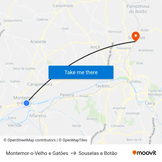 Montemor-o-Velho e Gatões to Souselas e Botão map