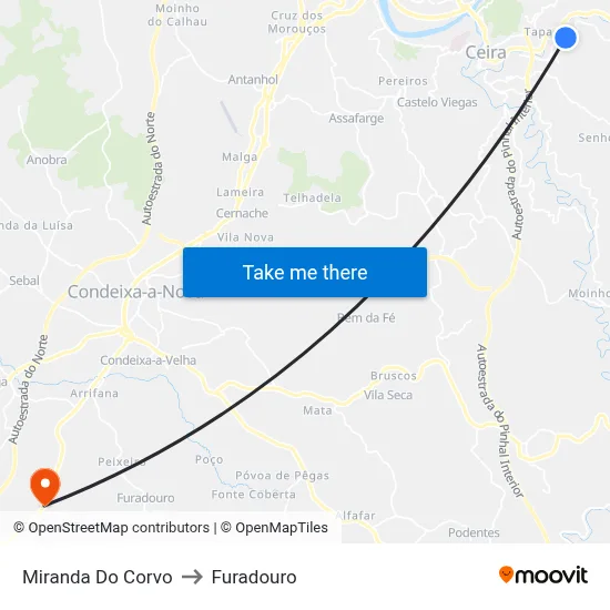Miranda Do Corvo to Furadouro map