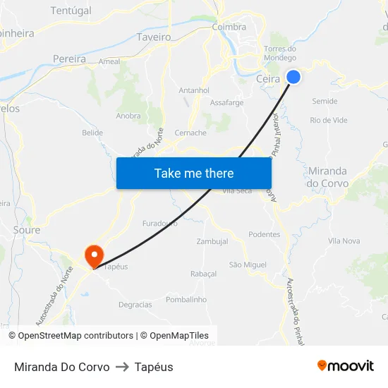 Miranda Do Corvo to Tapéus map