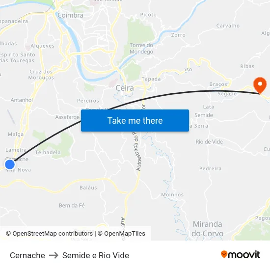 Cernache to Semide e Rio Vide map